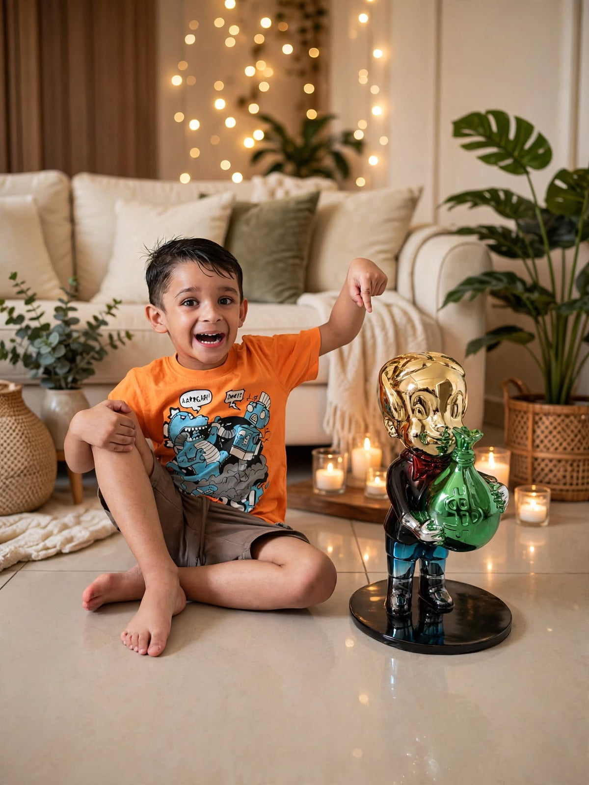 Richie Rich Pop Art Sculpture with Gold Head & Green Money Bag