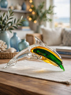 Sunset Splash - Amber & Emerald Handblown Glass Dolphin Figurine