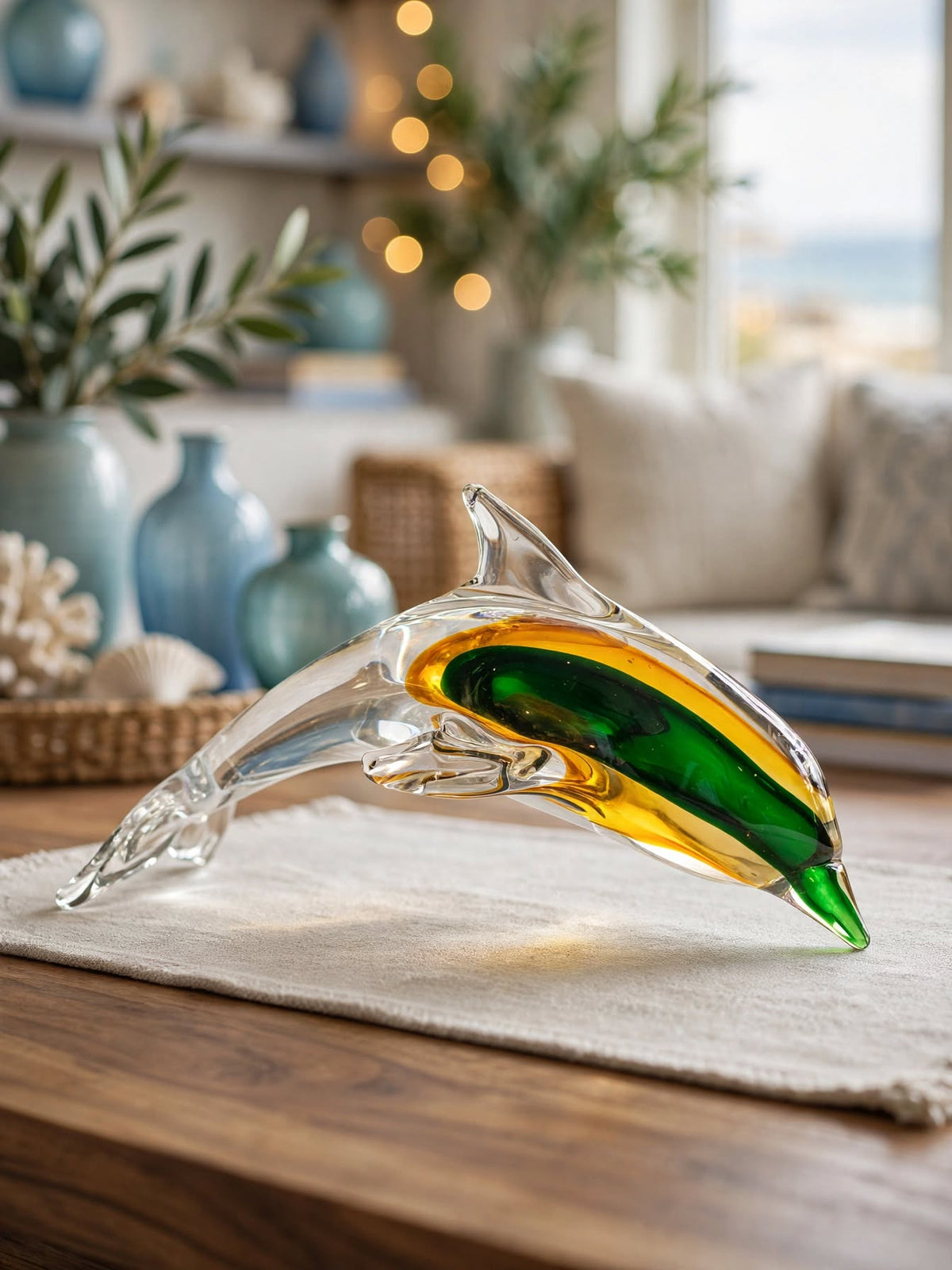 Sunset Splash - Amber & Emerald Handblown Glass Dolphin Figurine