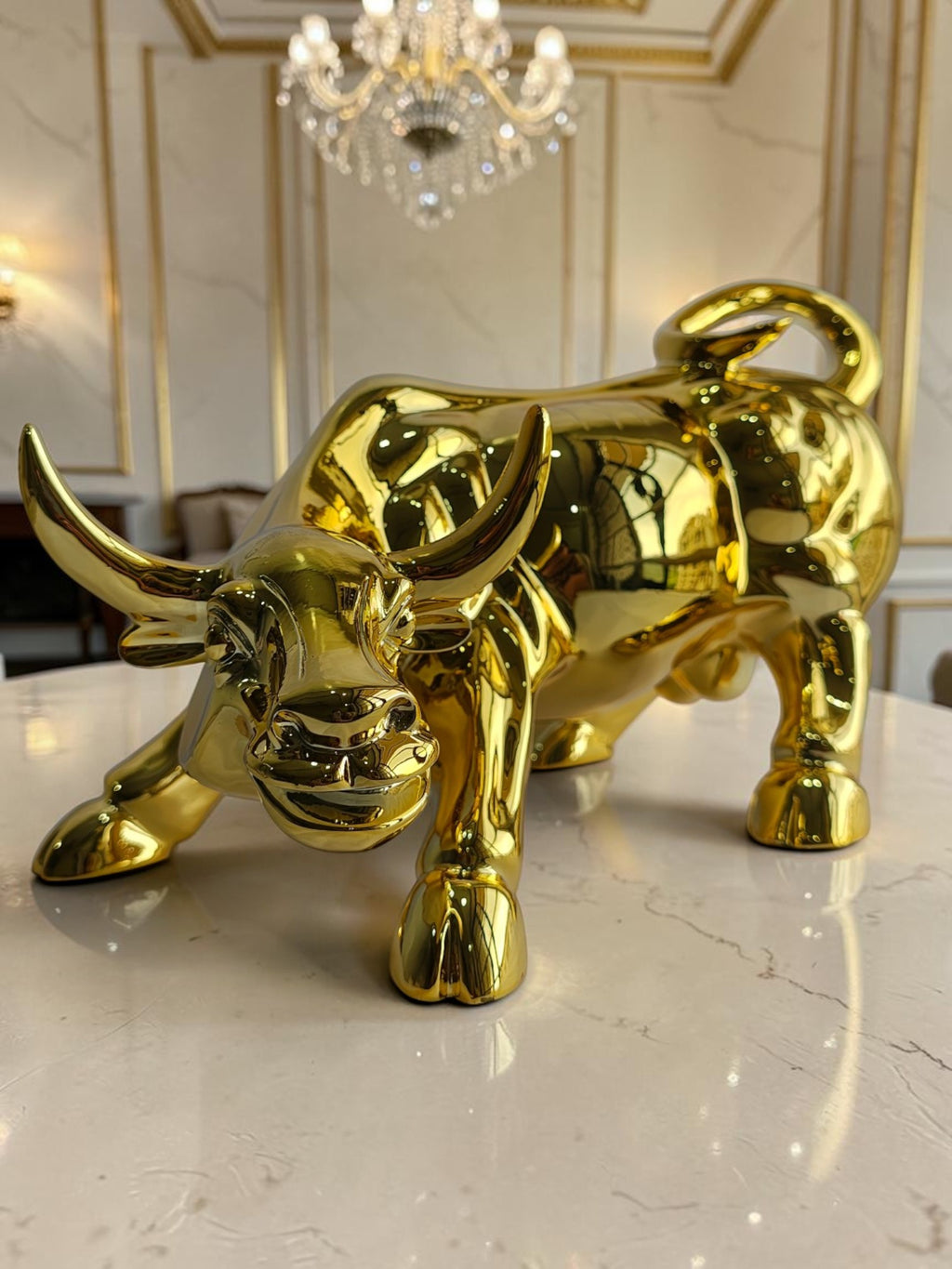 Golden Charging Bull Statue - Luxury Table Showpiece