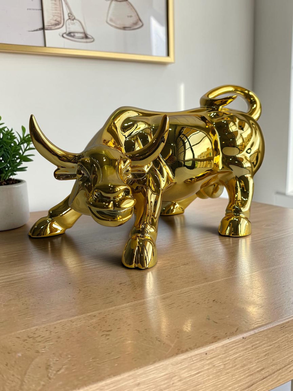Golden Charging Bull Statue - Luxury Table Showpiece