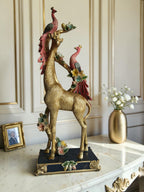 Golden Giraffe with Twin Peacocks Sculpture - Luxury Resin Table Decor