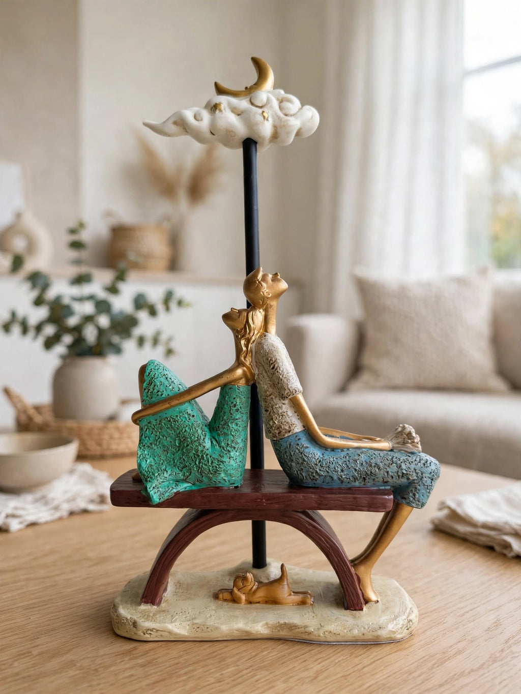 Moonlit Dream Couple - Romantic Bench Figurine with Crescent Moon Cloud (Turquoise Green & Blue)