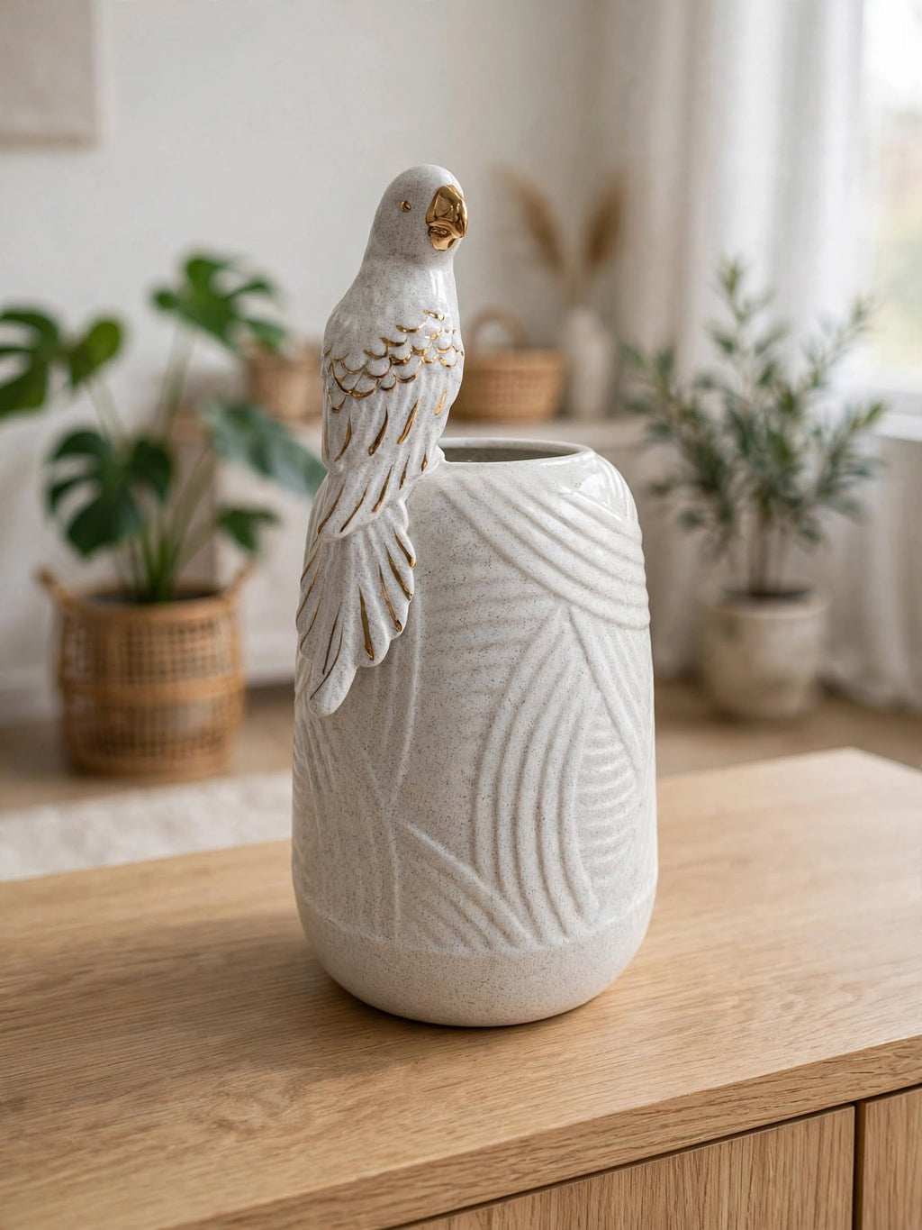Golden Parrot Perch - Speckled White Ceramic Vase
