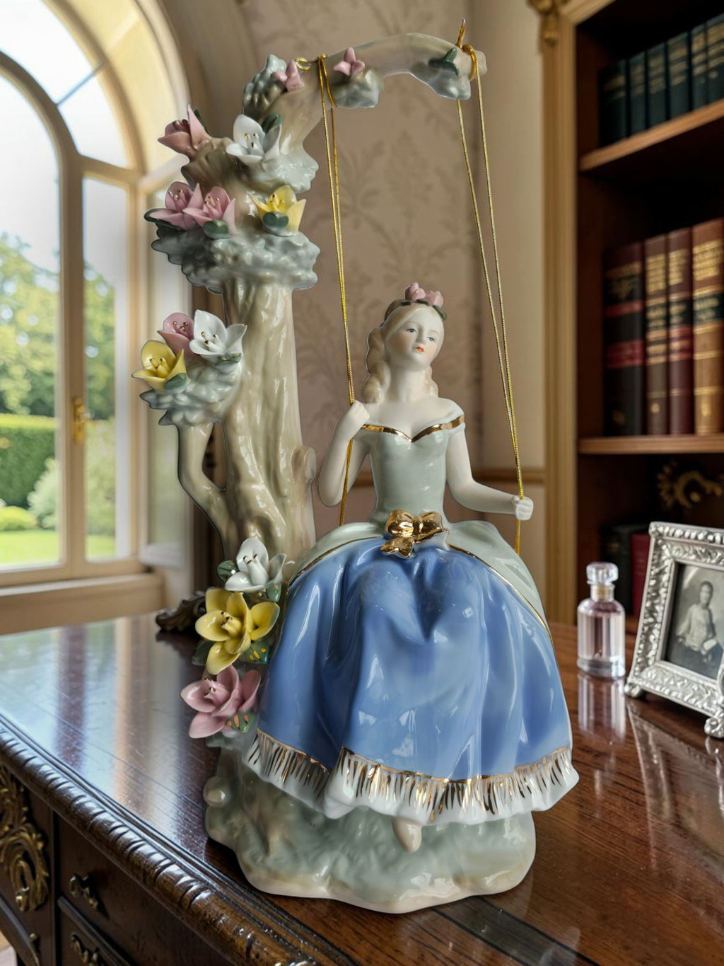 Victorian Girl on Floral Swing Showpiece - Porcelain Princess Figurine