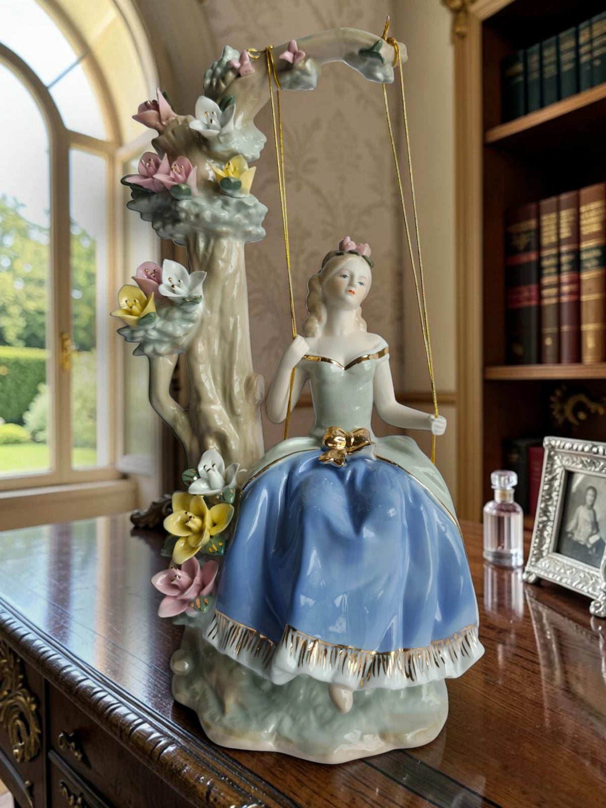 Victorian Girl on Floral Swing Showpiece - Porcelain Princess Figurine