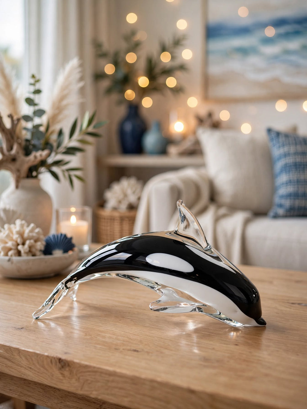 Midnight Orca - Handblown Murano-Style Glass Dolphin Figurine