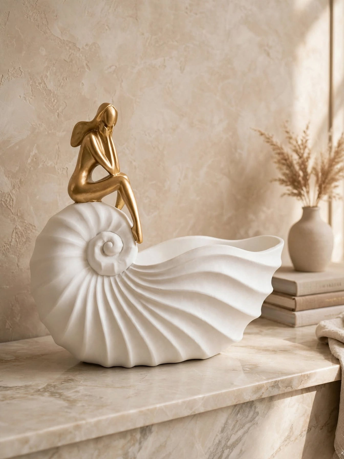 Lady Shell Bowl - Coastal White Shell Storage with Gold Figure