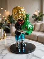 Richie Rich Pop Art Sculpture with Gold Head & Green Money Bag