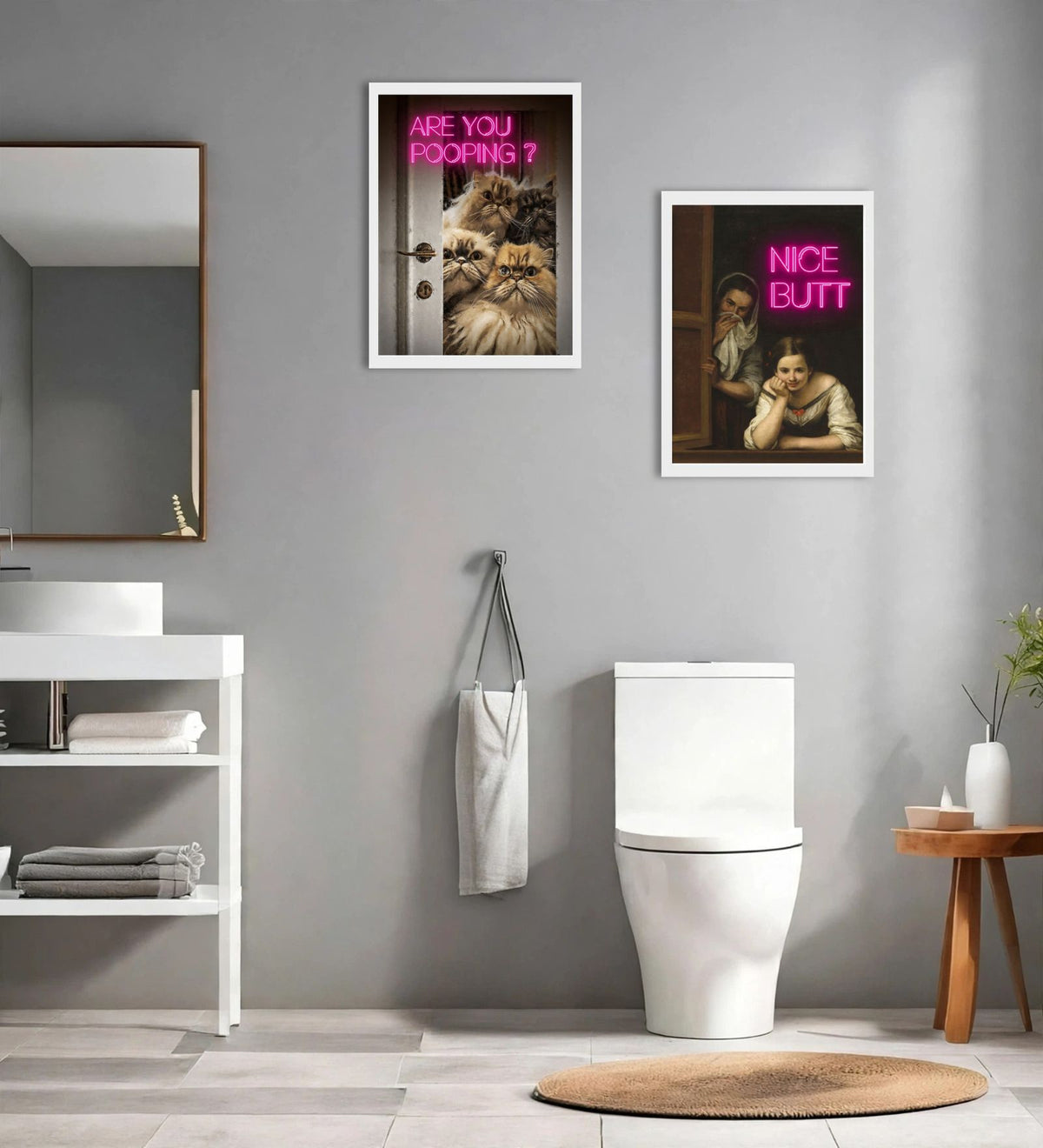Quirky Neon Bathroom Poster Set of 2 – Funny Cat & Vintage Wall Art