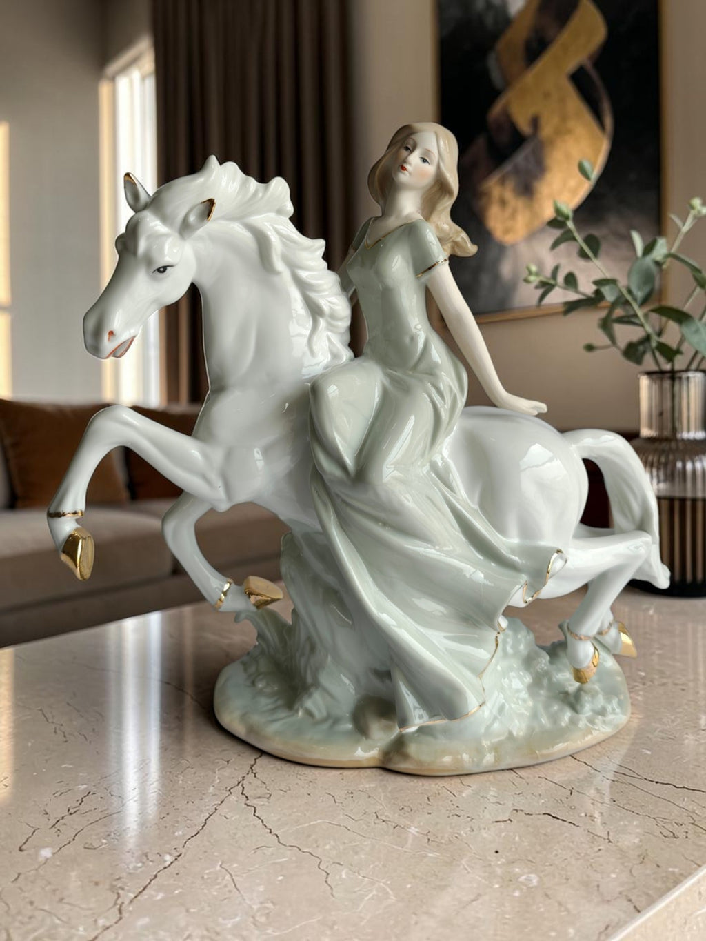 Lady Riding White Horse Showpiece - Victorian Porcelain Princess Figurine