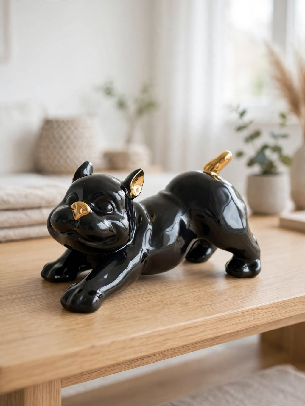 Playful French Bulldog - Glossy Black & Gold Ceramic Dog Sculpture (Stretching Pose)