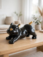 Playful French Bulldog - Glossy Black & Gold Ceramic Dog Sculpture (Stretching Pose)