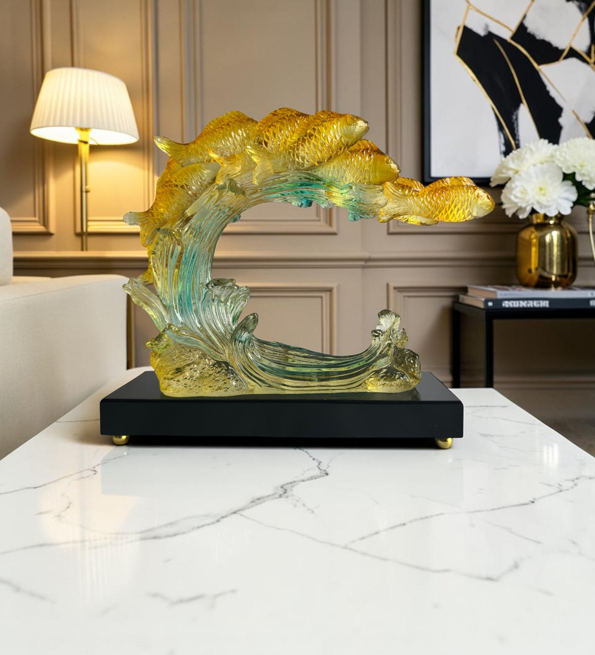 Golden Prosperity Koi Wave Crystal Showpiece