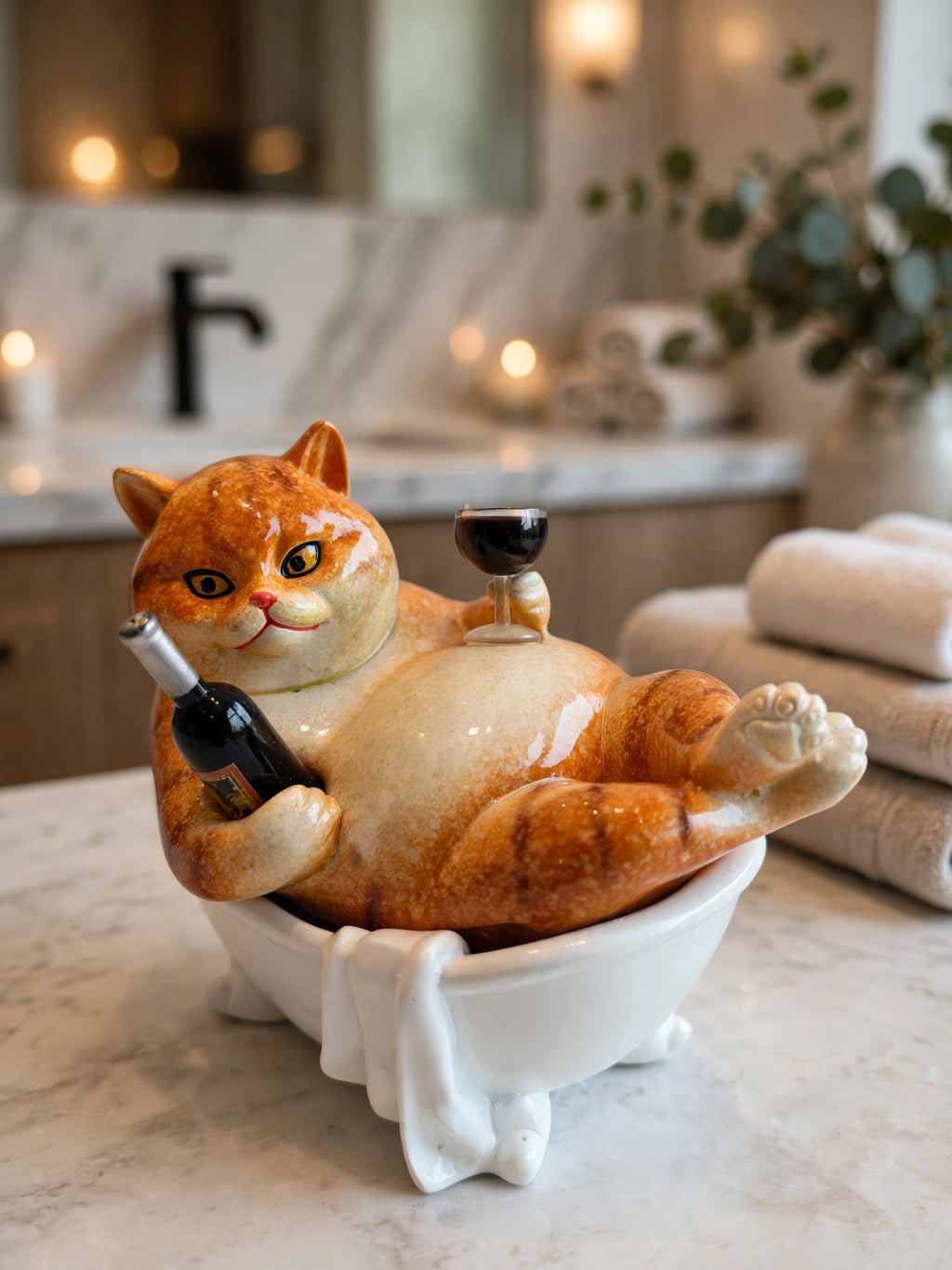 Chill Cat - Drunk Cat in Bathtub with Wine Bottle Figurine