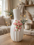 White Ceramic Vase with 3D Pink Rose Applique
