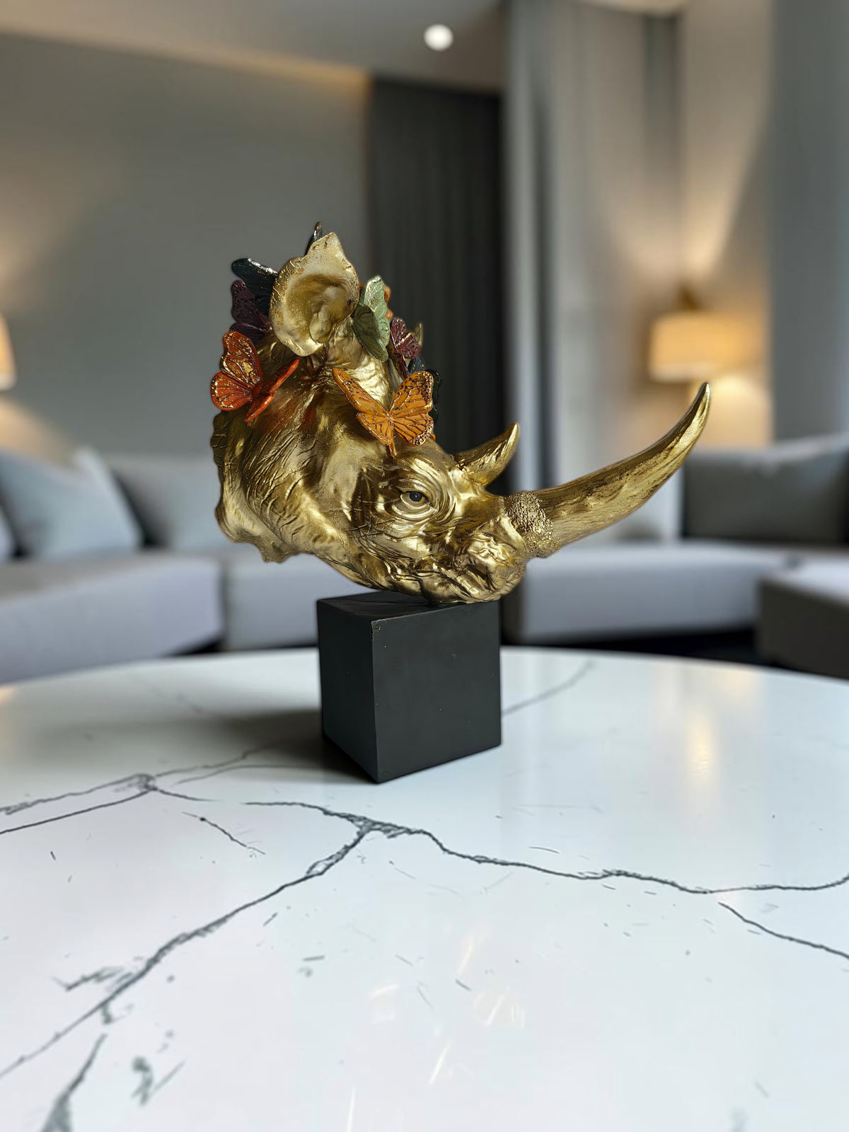 Golden Rhino Butterfly Sculpture - Luxury Resin Table Decor