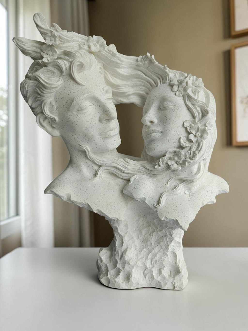 Soulmates Love Couple Bust Statue - Romantic Couple Face with Floral Hair