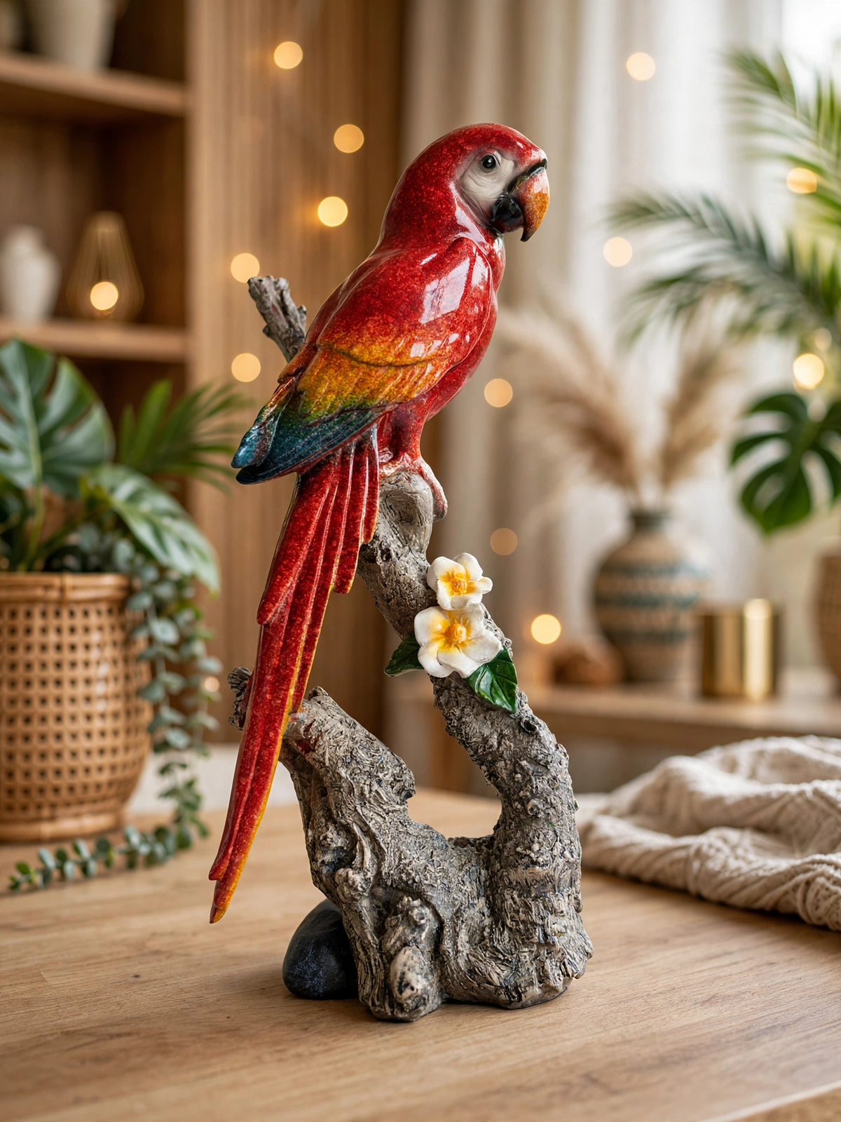 Scarlet Majesty - Lifelike Red Macaw Parrot on Branch Figurine