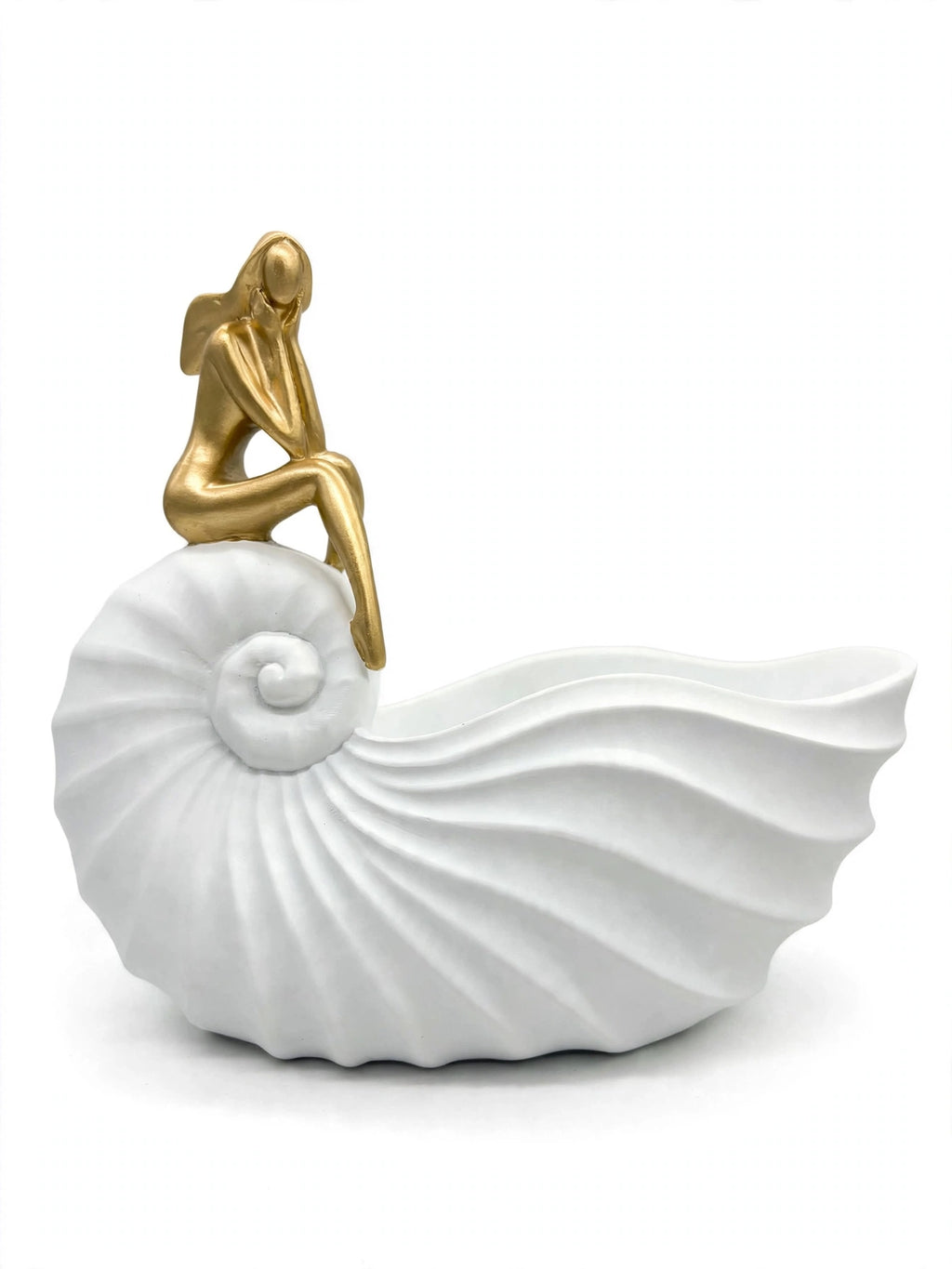 Lady Shell Bowl - Coastal White Shell Storage with Gold Figure