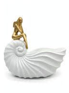 Lady Shell Bowl - Coastal White Shell Storage with Gold Figure
