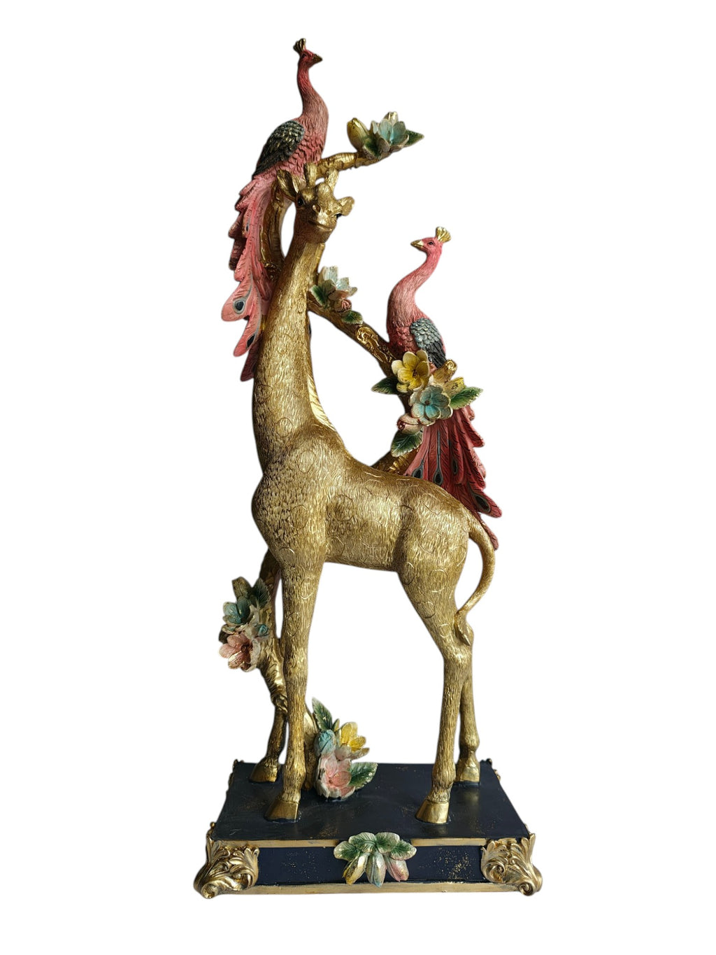 Golden Giraffe with Twin Peacocks Sculpture - Luxury Resin Table Decor