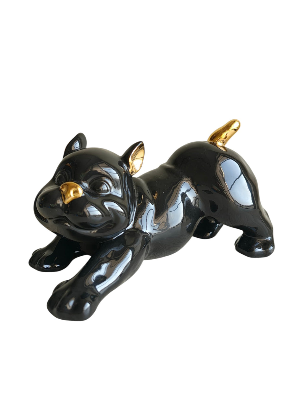 Playful French Bulldog - Glossy Black & Gold Ceramic Dog Sculpture (Stretching Pose)