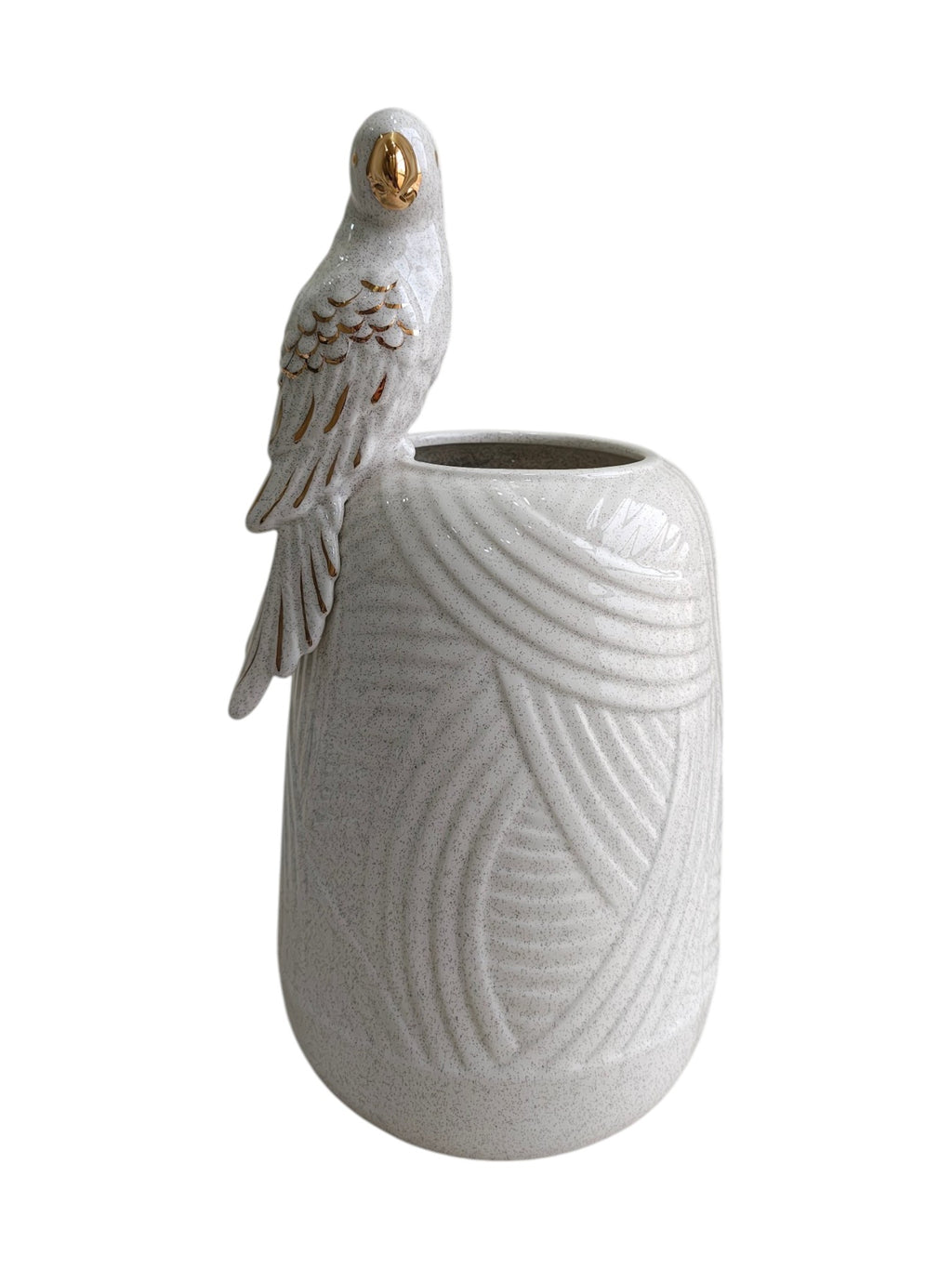 Golden Parrot Perch - Speckled White Ceramic Vase