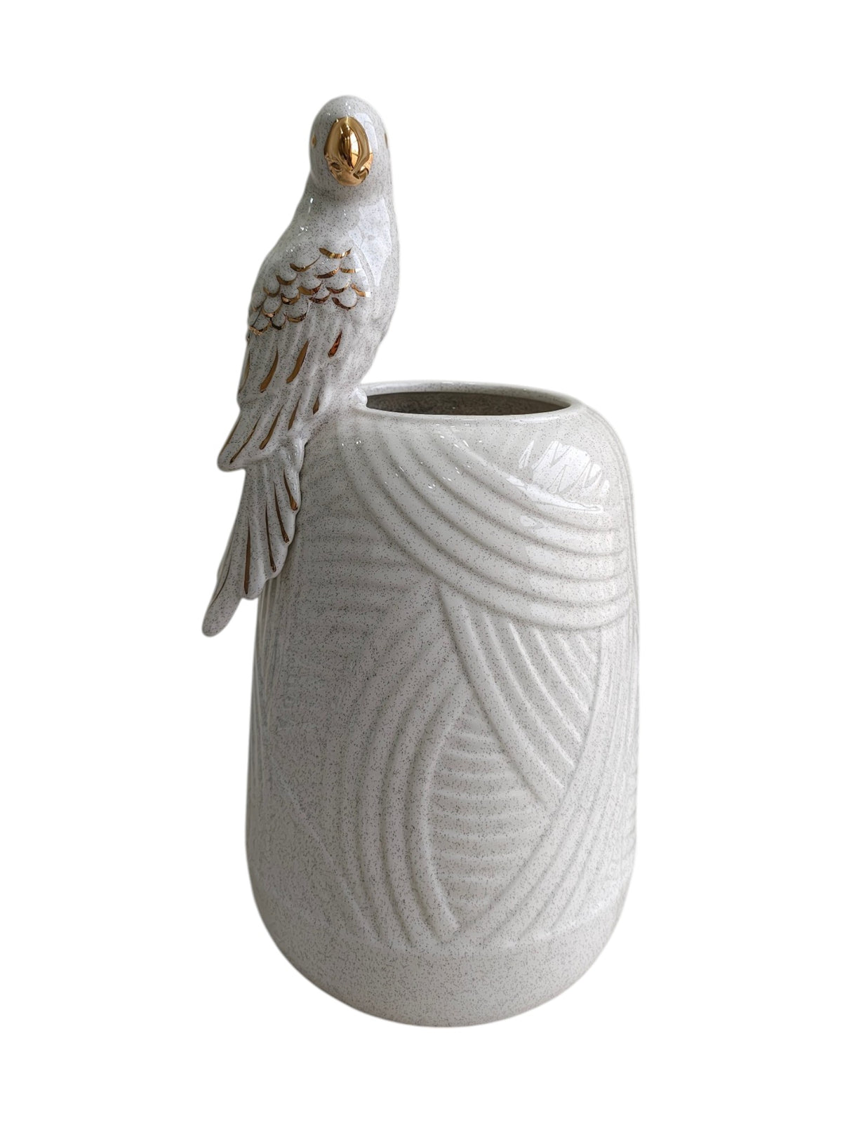 Golden Parrot Perch - Speckled White Ceramic Vase