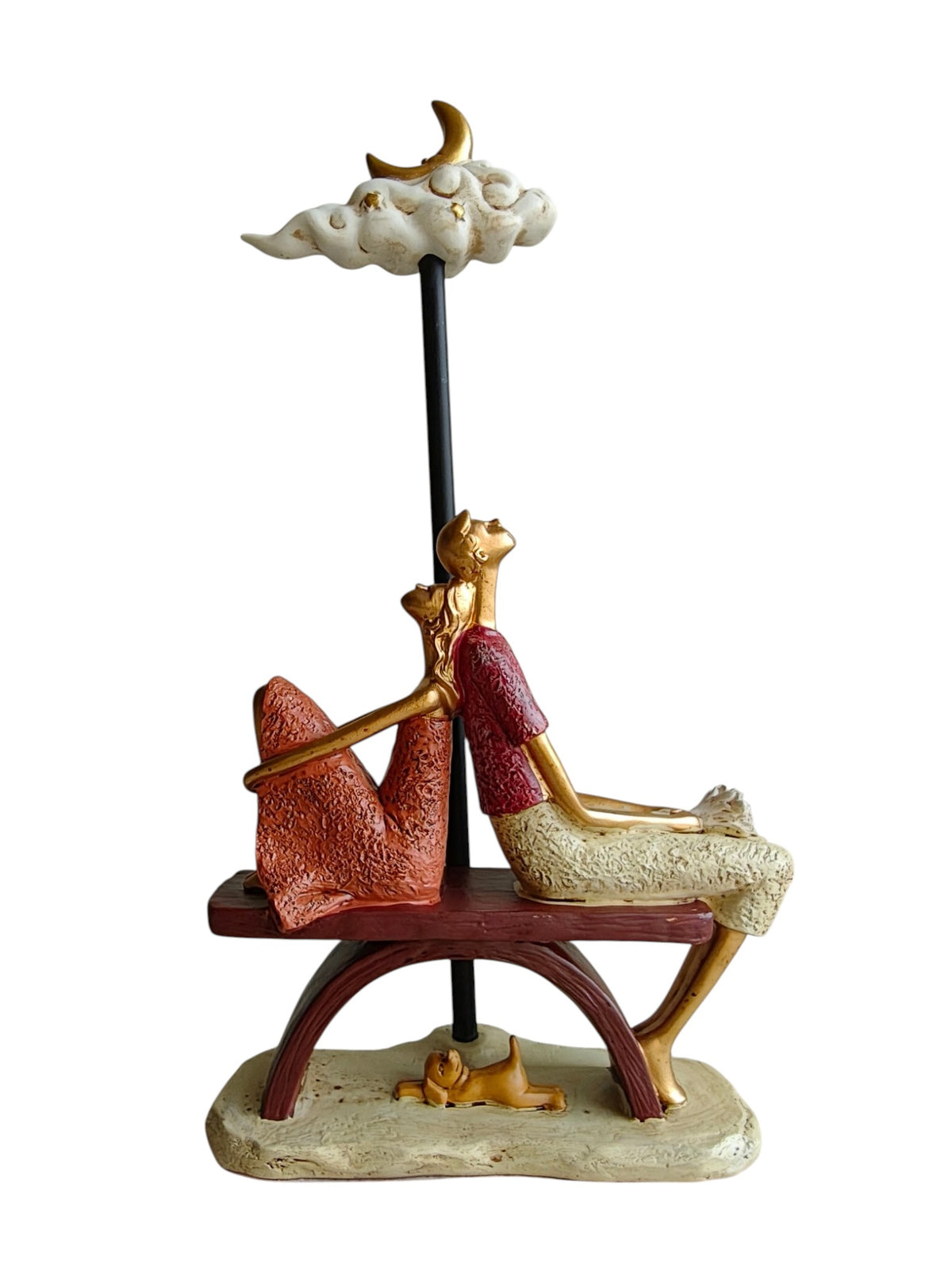 Moonlit Romance - Romantic Couple Sitting on Bench with Dog Figurine