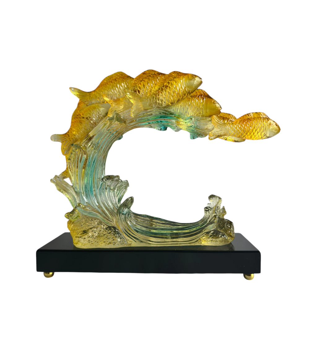 Golden Prosperity Koi Wave Crystal Showpiece