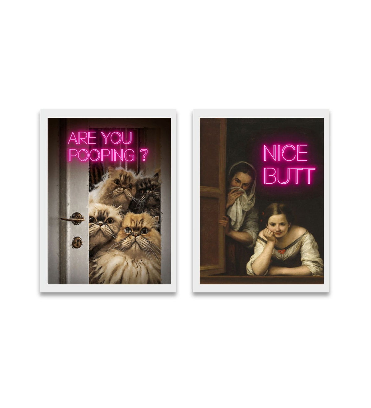 Quirky Neon Bathroom Poster Set of 2 – Funny Cat & Vintage Wall Art