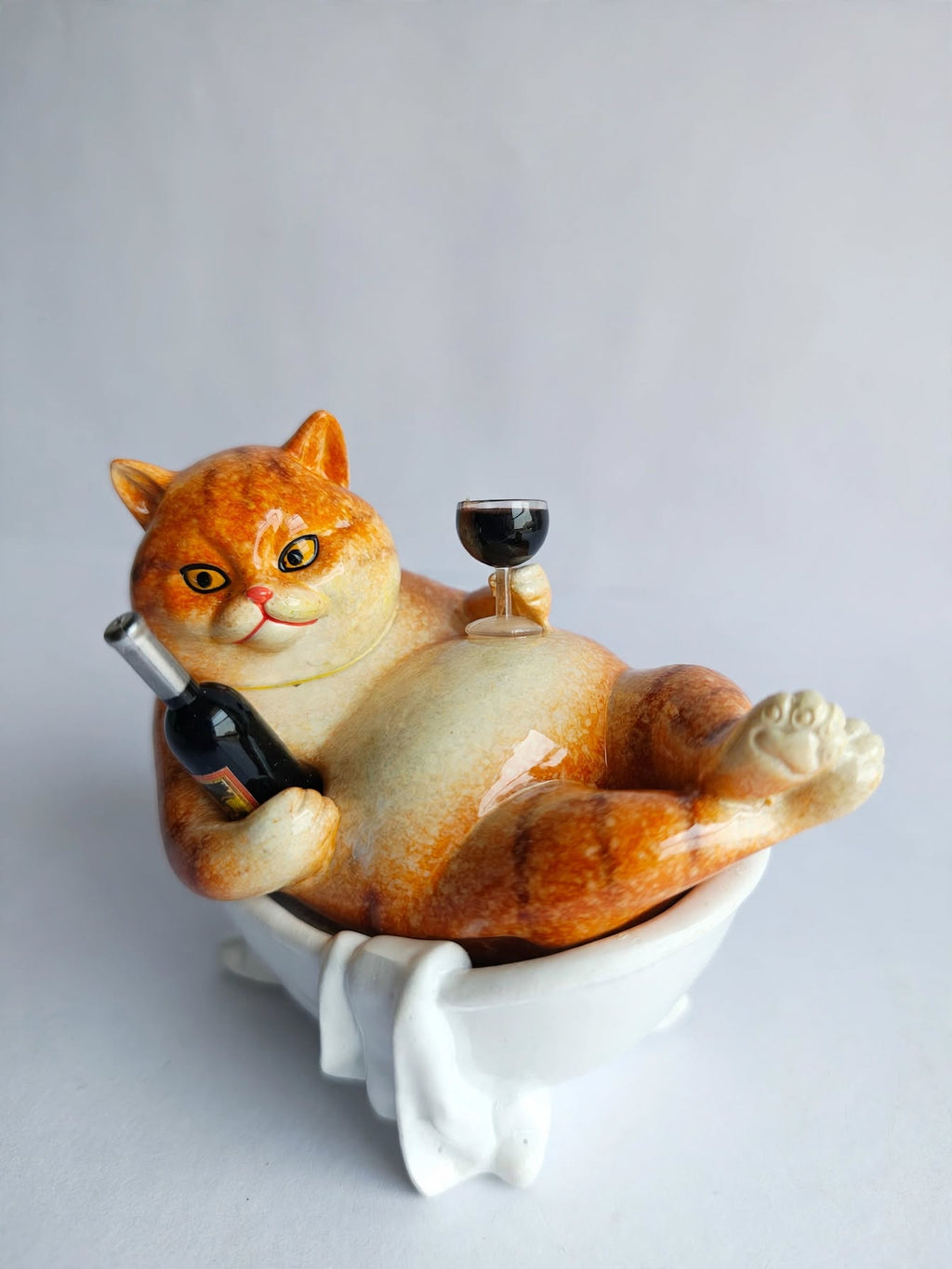 Chill Cat - Drunk Cat in Bathtub with Wine Bottle Figurine