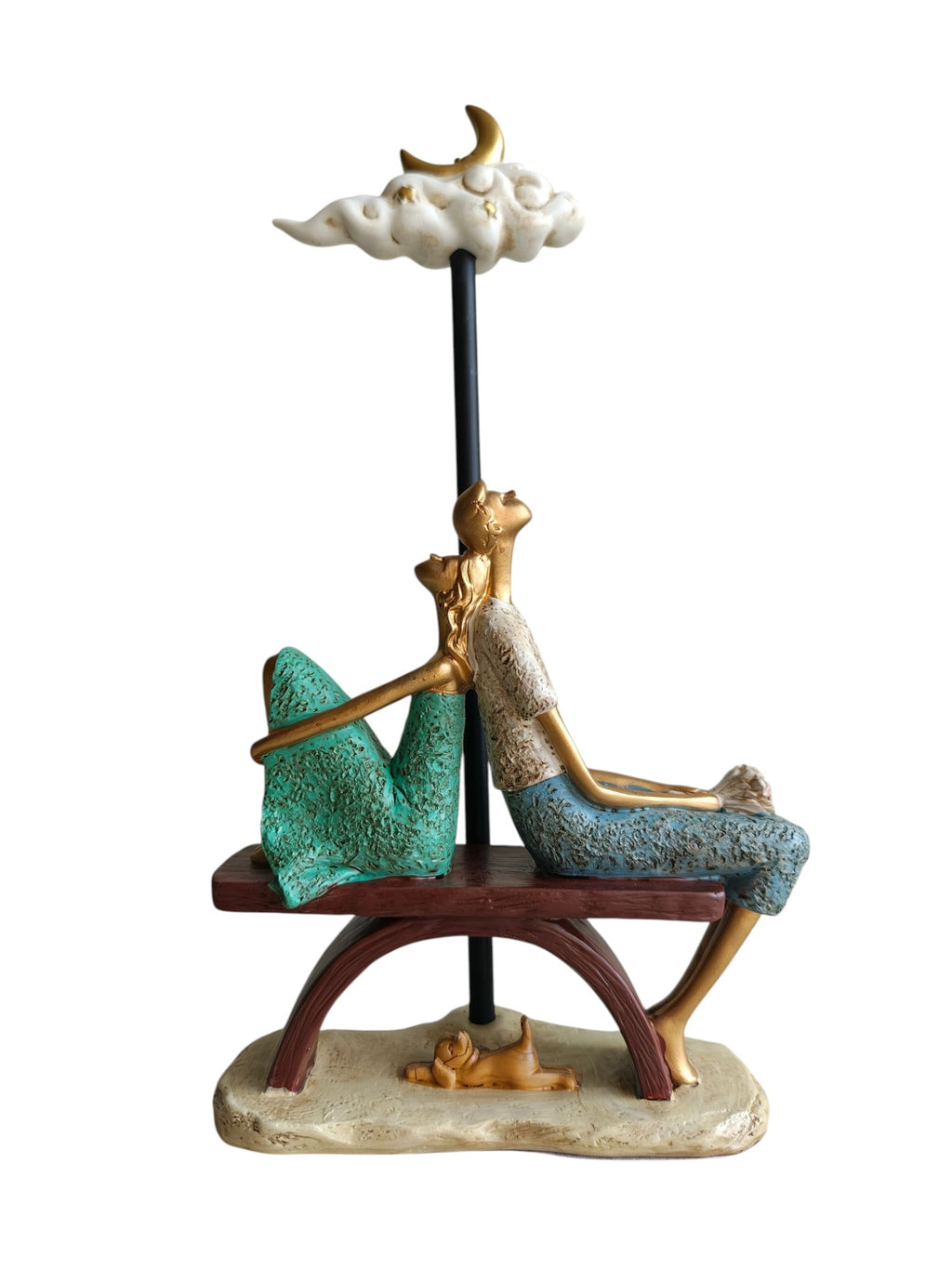 Moonlit Dream Couple - Romantic Bench Figurine with Crescent Moon Cloud (Turquoise Green & Blue)