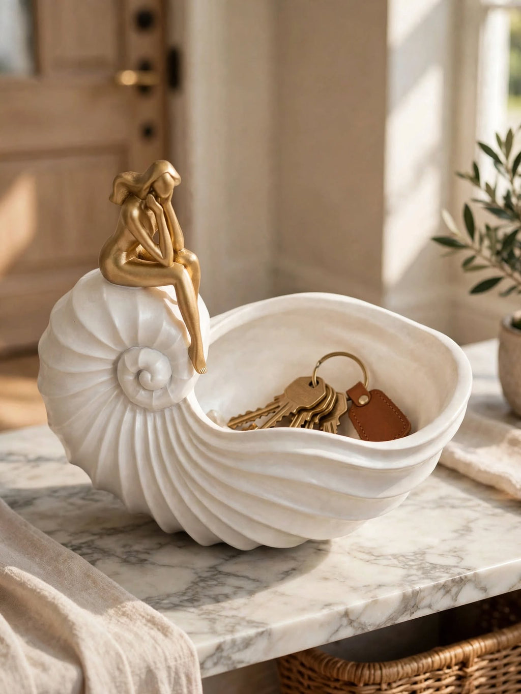 Lady Shell Bowl - Coastal White Shell Storage with Gold Figure