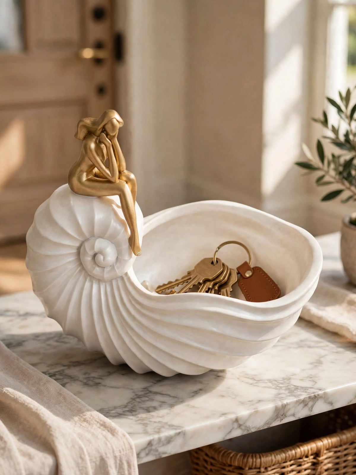 Lady Shell Bowl - Coastal White Shell Storage with Gold Figure