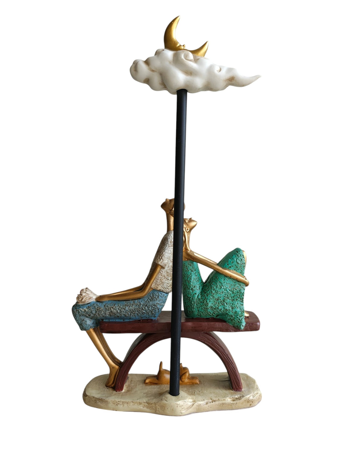 Moonlit Dream Couple - Romantic Bench Figurine with Crescent Moon Cloud (Turquoise Green & Blue)