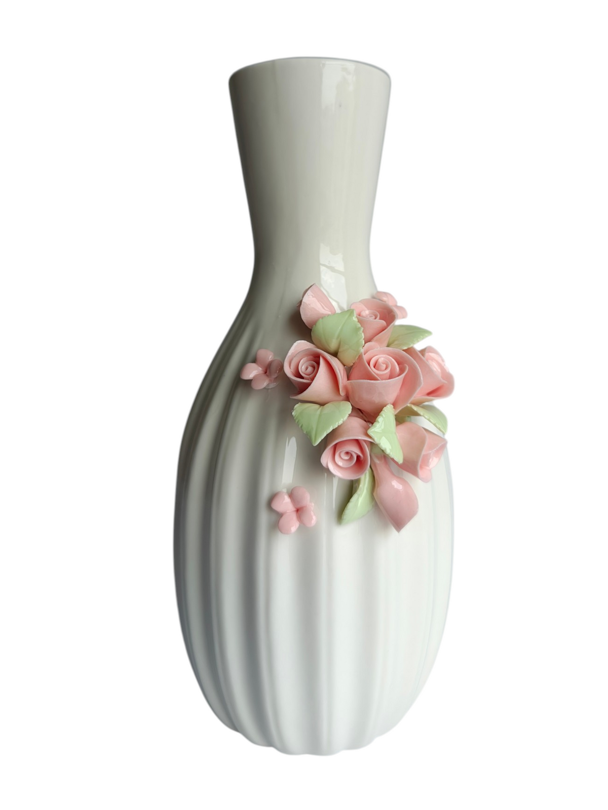 White Ceramic Vase with 3D Pink Rose Applique