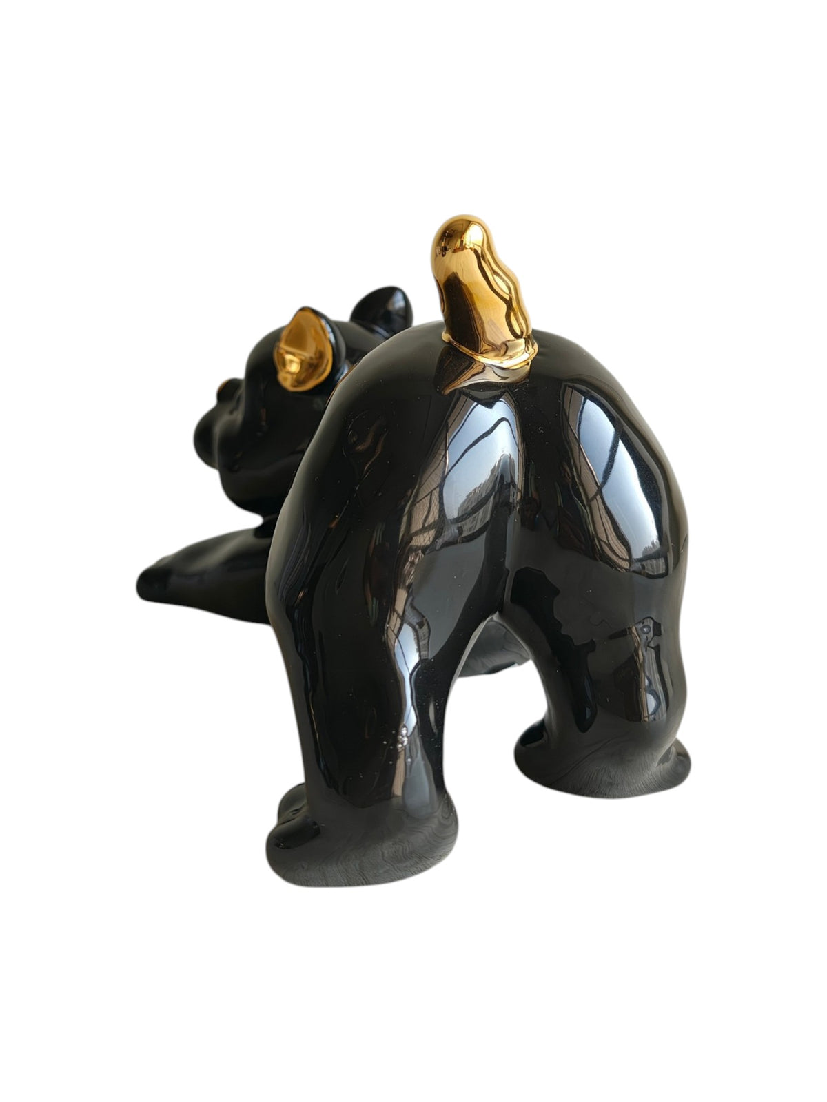 Playful French Bulldog - Glossy Black & Gold Ceramic Dog Sculpture (Stretching Pose)