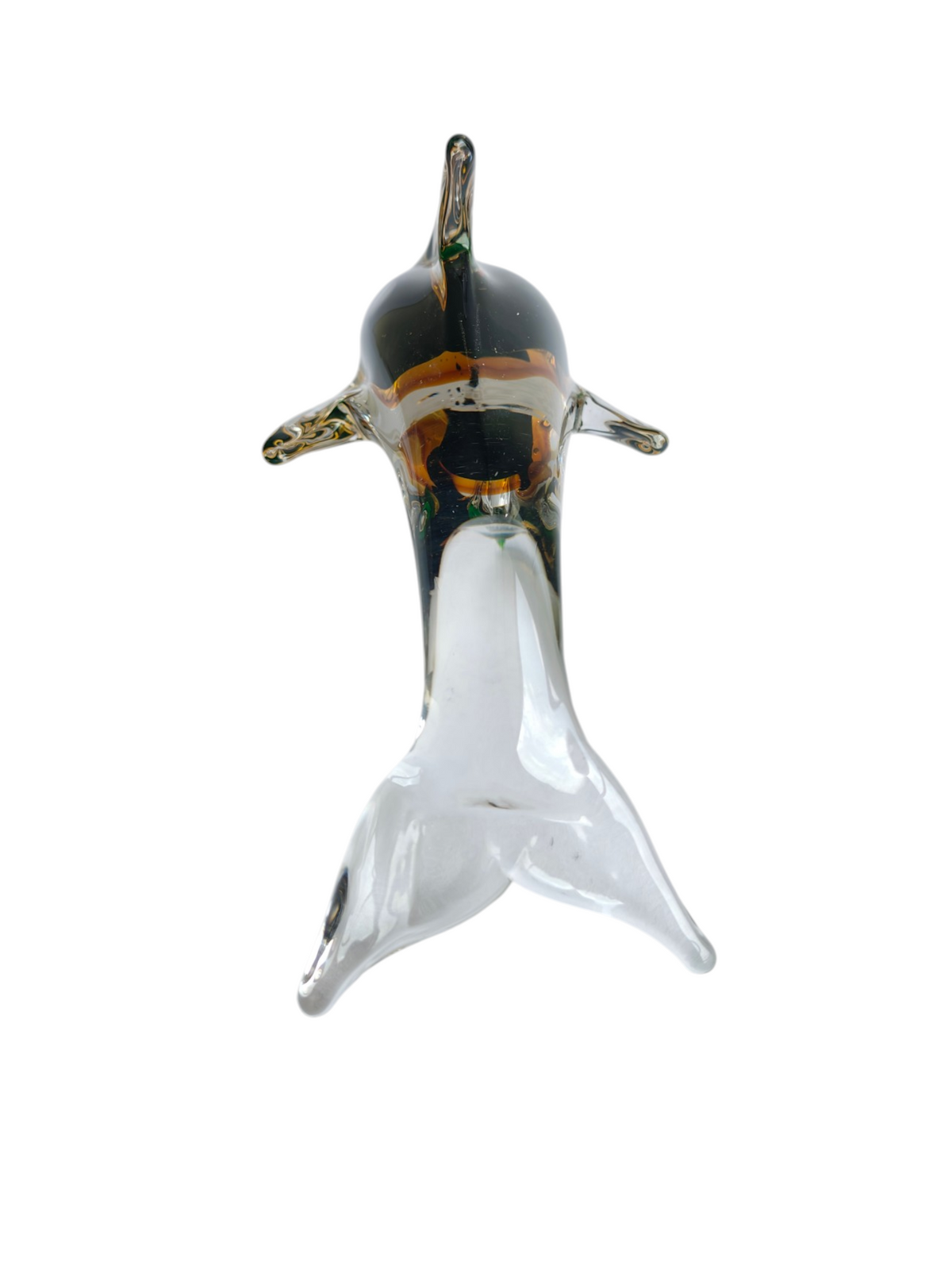 Sunset Splash - Amber & Emerald Handblown Glass Dolphin Figurine