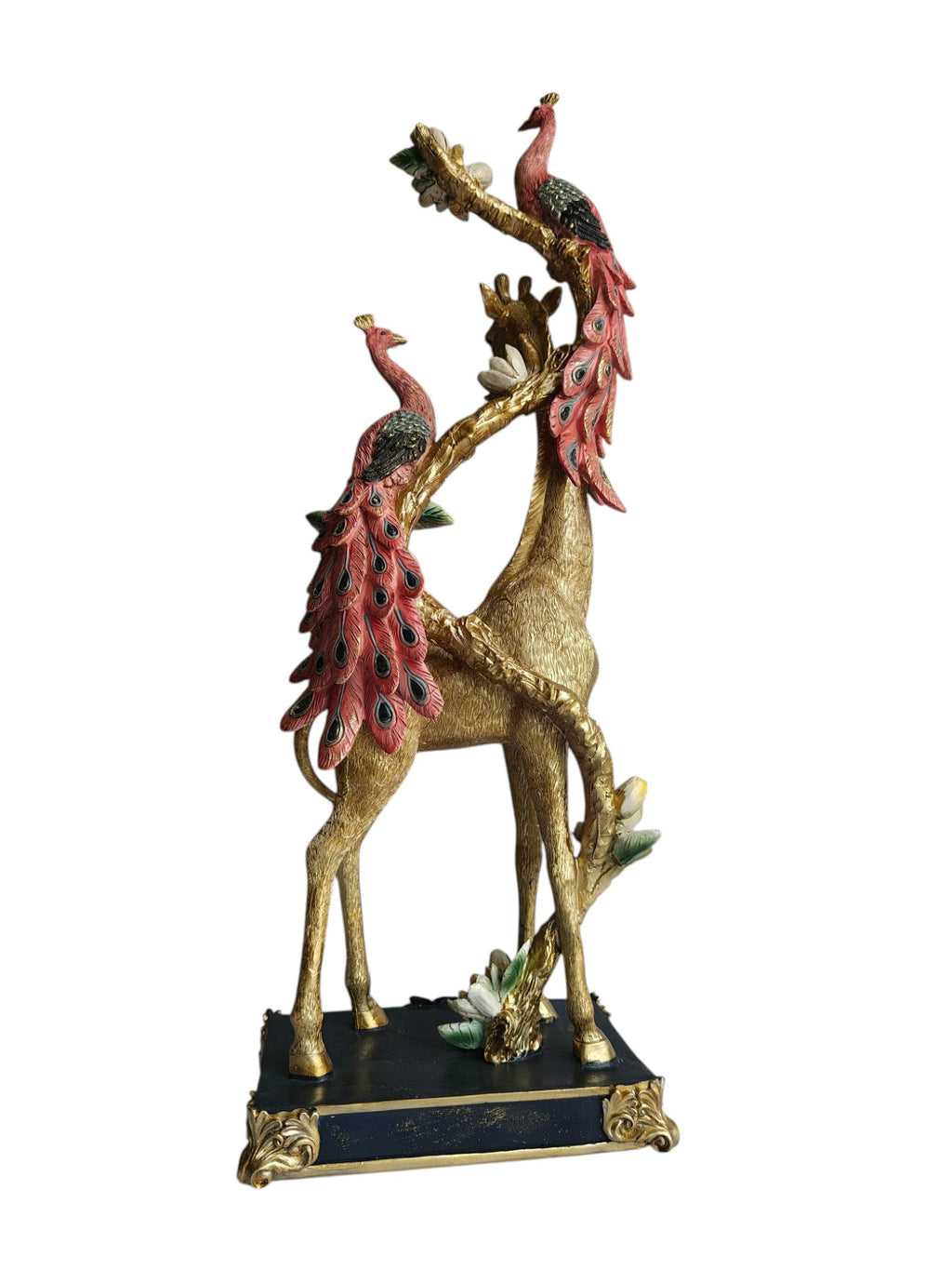 Golden Giraffe with Twin Peacocks Sculpture - Luxury Resin Table Decor