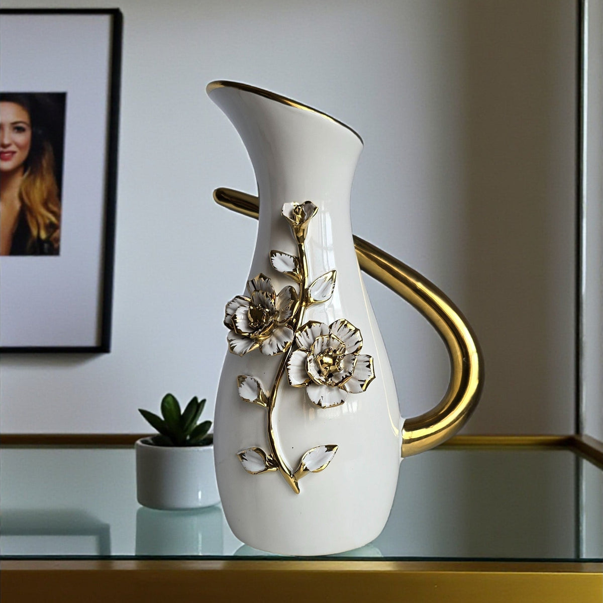 Premium & Elegant White & Golden Ceramic Jar Shaped Vase