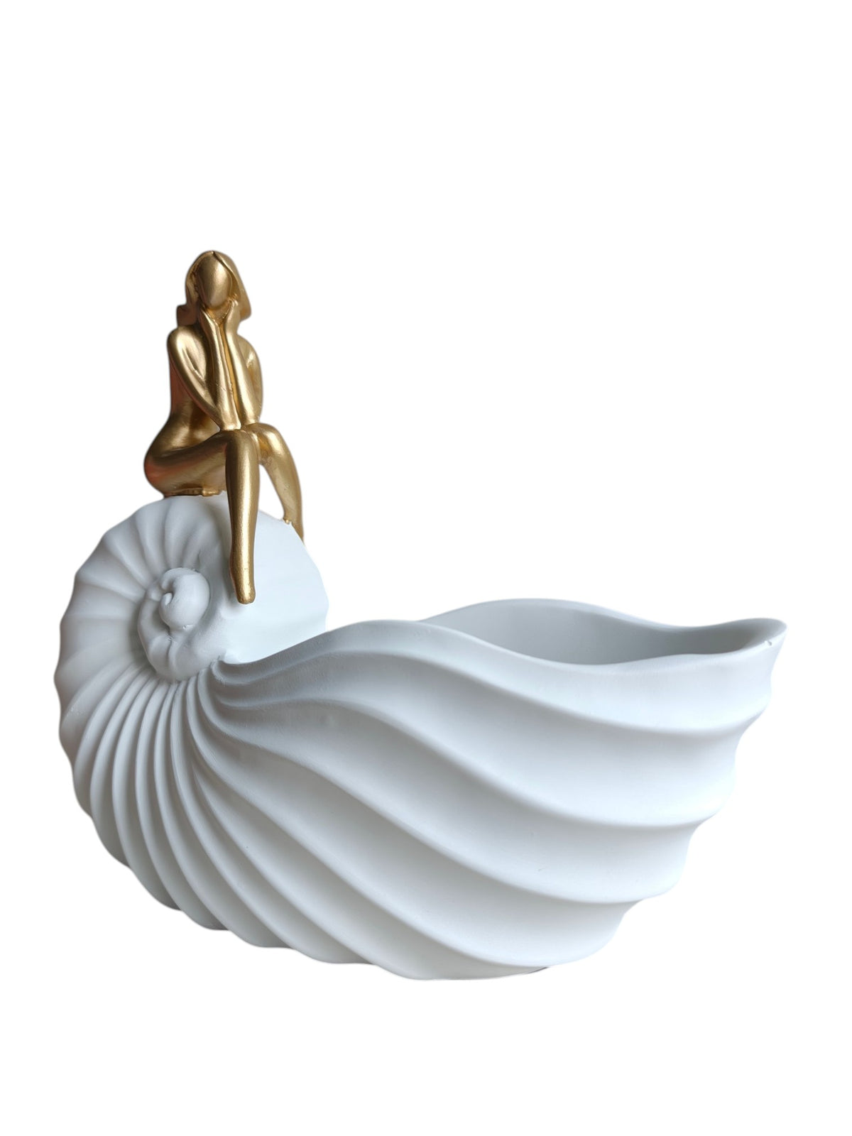 Lady Shell Bowl - Coastal White Shell Storage with Gold Figure