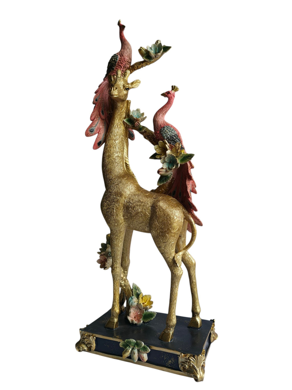 Golden Giraffe with Twin Peacocks Sculpture - Luxury Resin Table Decor