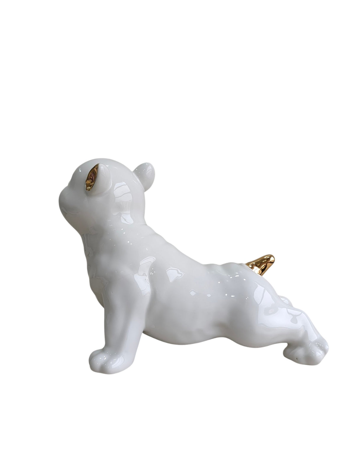 Glossy White Ceramic Puppy Figurine with Golden Accents