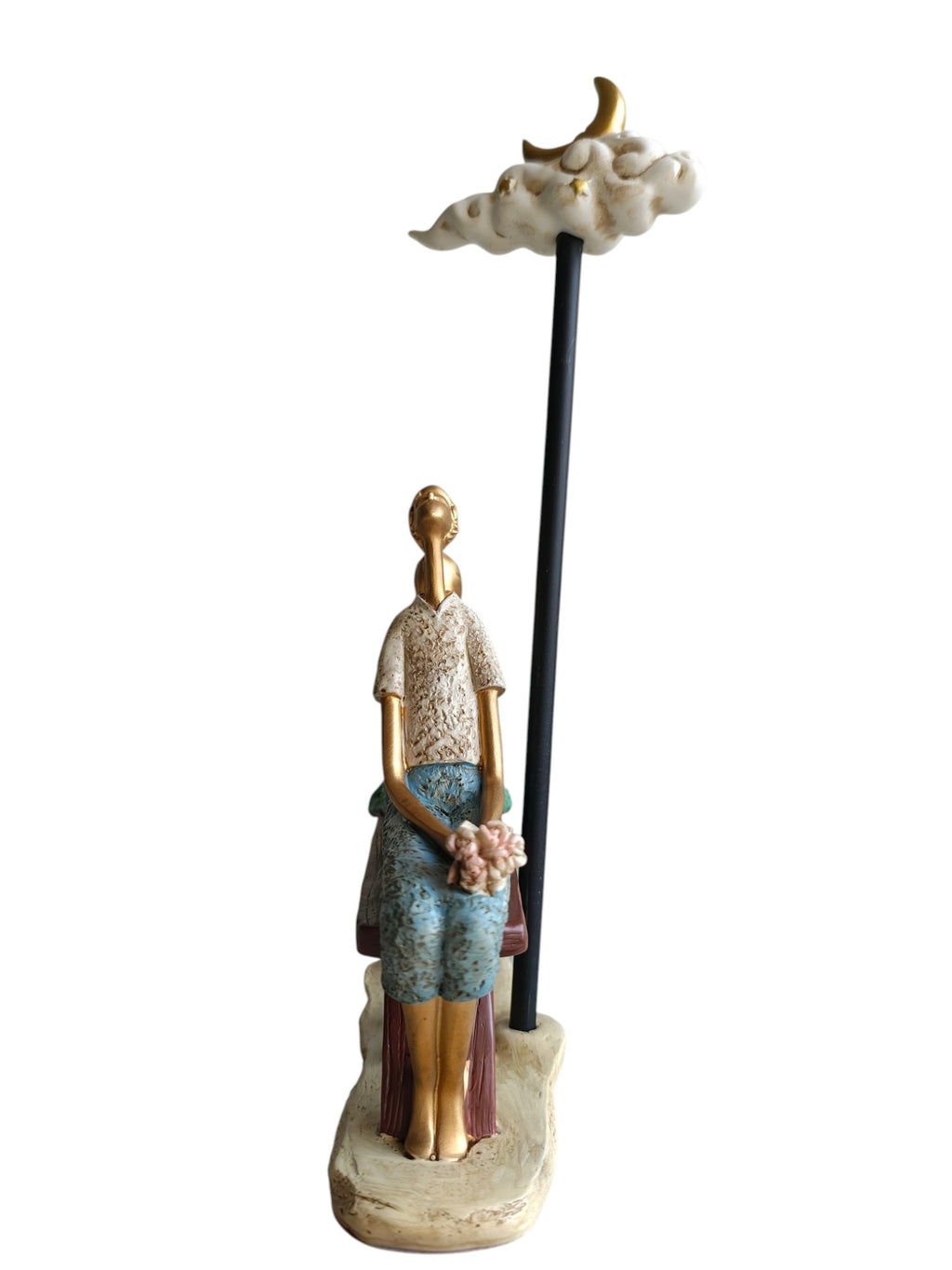 Moonlit Dream Couple - Romantic Bench Figurine with Crescent Moon Cloud (Turquoise Green & Blue)