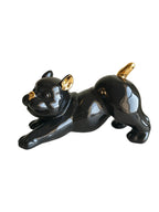 Playful French Bulldog - Glossy Black & Gold Ceramic Dog Sculpture (Stretching Pose)