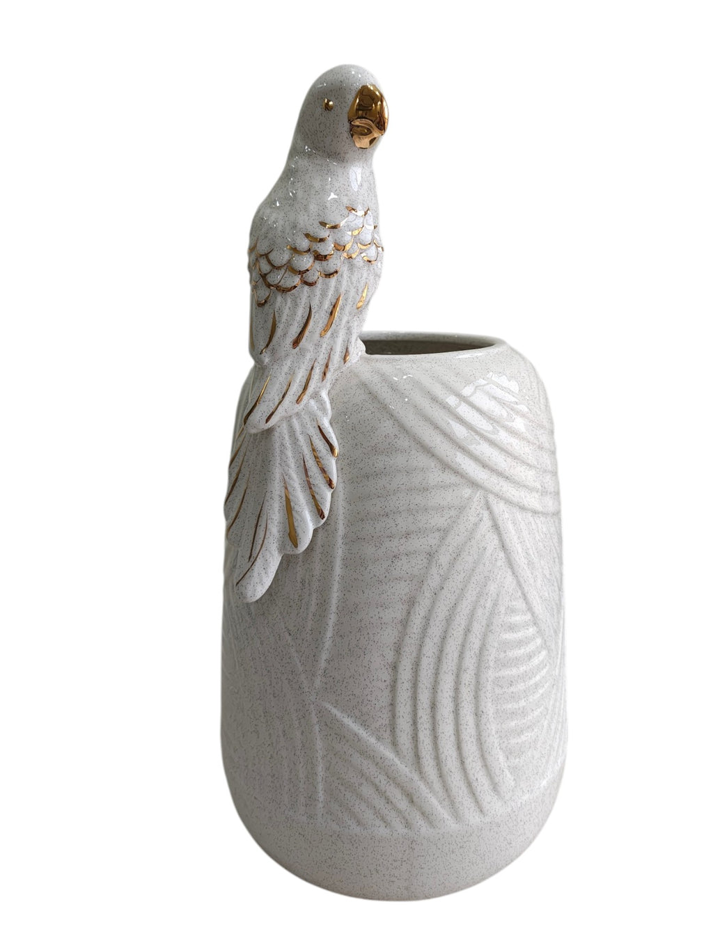 Golden Parrot Perch - Speckled White Ceramic Vase