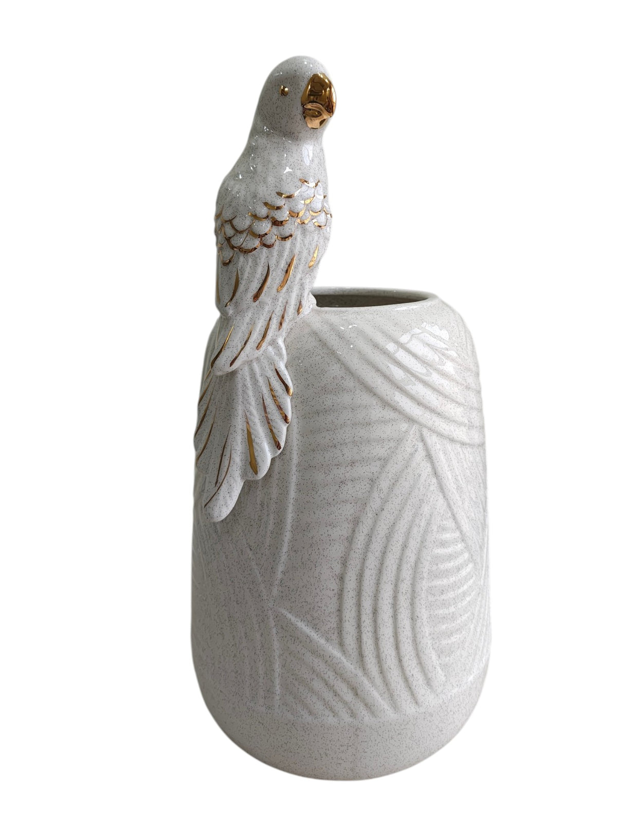 Golden Parrot Perch - Speckled White Ceramic Vase