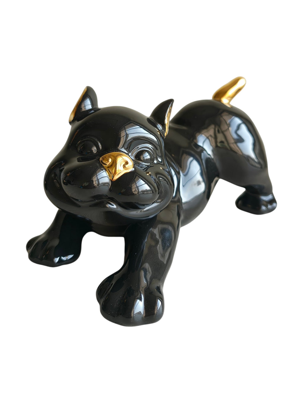 Playful French Bulldog - Glossy Black & Gold Ceramic Dog Sculpture (Stretching Pose)